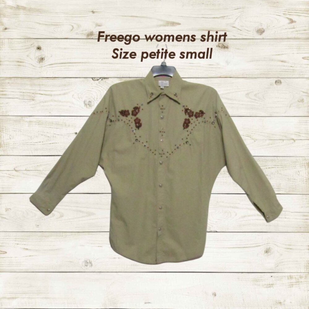 VTG Freego womens batwing long sleeve shirt Size PS khaki color